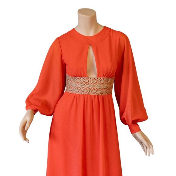 OSTI Vintage 70s Nylon Crepe Balloon Sleeve Coral Gown * Small - Picture 5 of 17